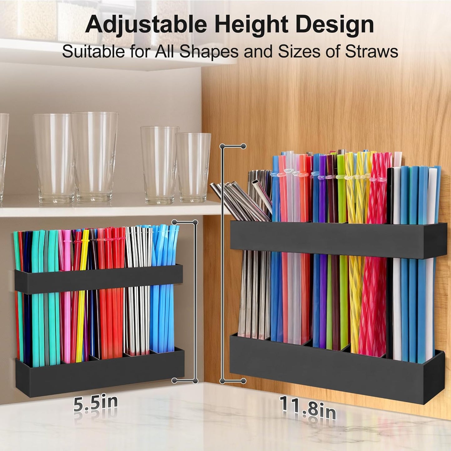 9.5” Large Acrylic Straw Holder for Cabinet Door, Reusable Adjustable Two-Part Straws Organizer with Ultra Sticky Adhesive Strips, 2026 Straw Storage for Kitchen Cupboard (Transparent)