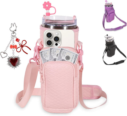 &And Per Se Water Bottle Shoulder Bag with Phone Pocket, Compatible with Stanley 30oz Tumblers - Neoprene Carrier with Adjustable Strap & Charm Accessory (Black)