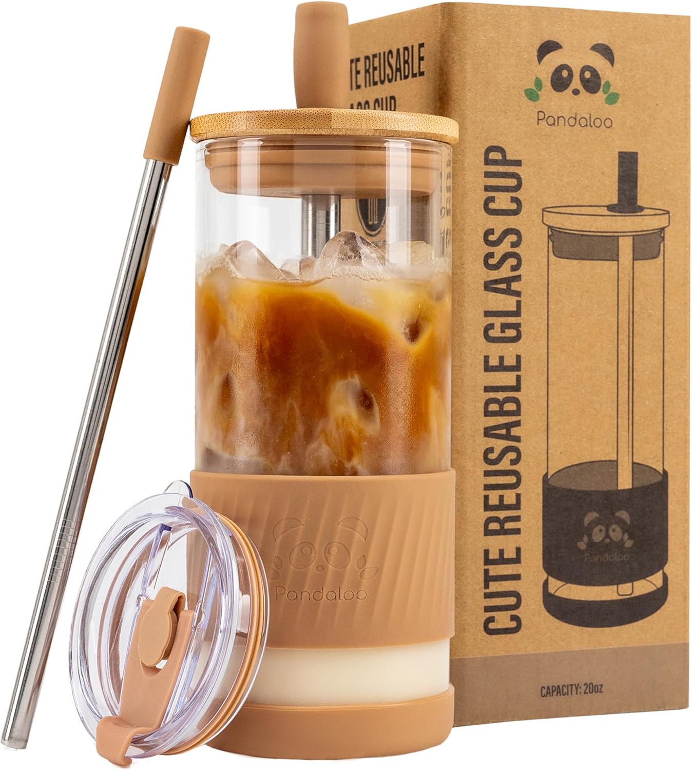 Pandaloo® Glass Cups With Lids and Straws -20 Fl Oz- Perfect Size Iced Coffee Cup - Smoothie Cup With Bamboo Lid and On the go Lid - Glass Tumbler With Straw (1 Count (Pack of 1), Lilac Rhapsody)