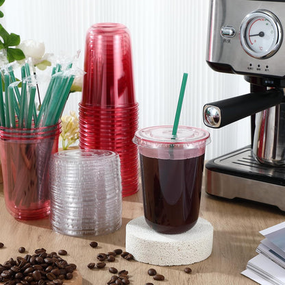 Baderke 25 Set Plastic Cups with Lids and Straws, Disposable Plastic Iced Coffee Cup for Cold Beverage Juice Smoothie Crystal for Coffee Shops Party Catering(Clear,16 oz)