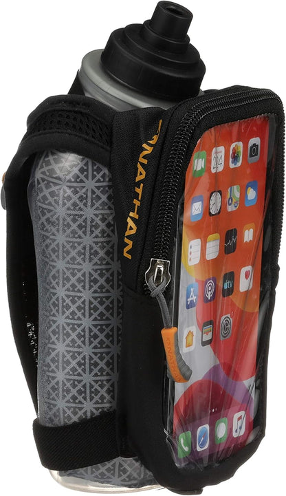 Nathan SpeedDraw 2 Insulated Handheld Running Water Bottle Flask 18oz – Double-Wall Insulation, Ergonomic Grip, Blast Valve Cap, Phone & Key Storage Pockets, Reflective Design