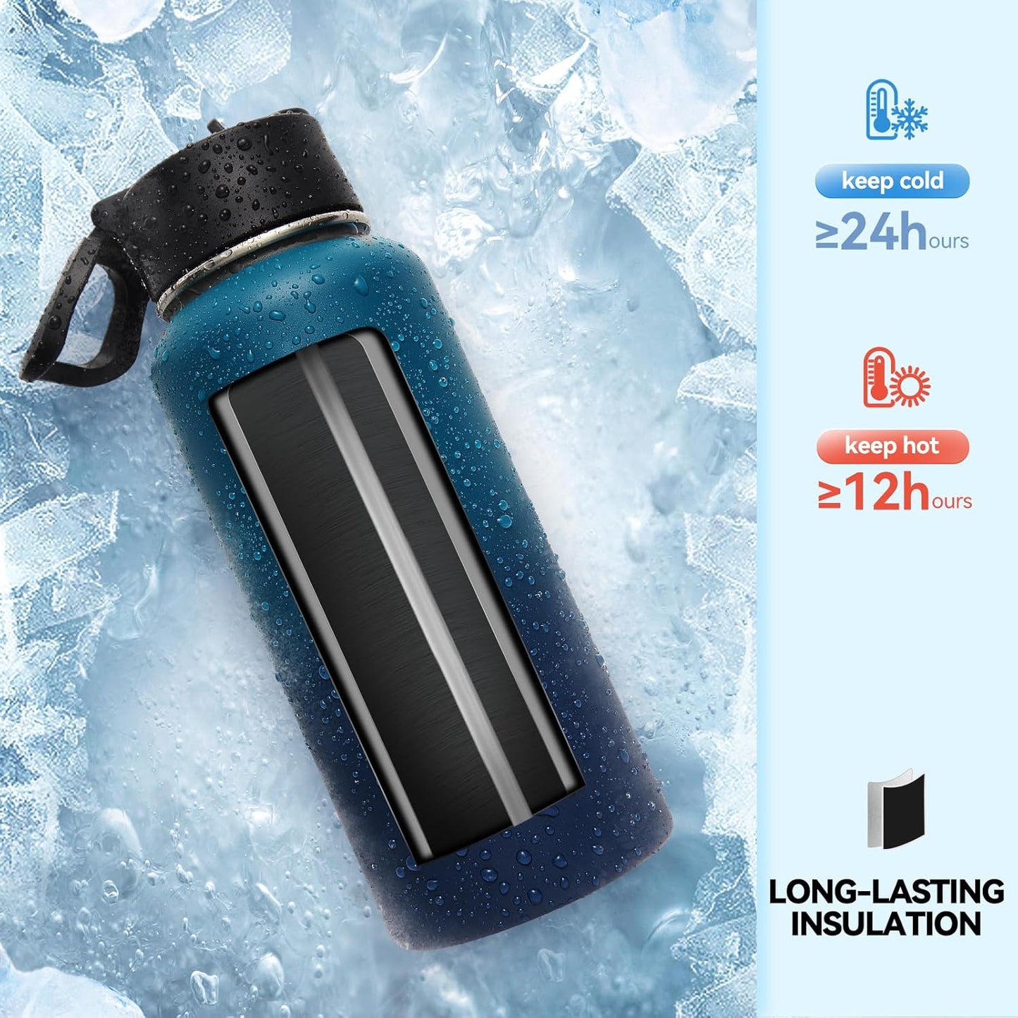 Neihepal 32 oz Insulated Water Bottle with 2 Lids (Straw & Spout Lid), 18/8 Stainless Steel Double Wall Water Bottles for Gym, Travel, Camping, Sports (Silver,1 Pack)