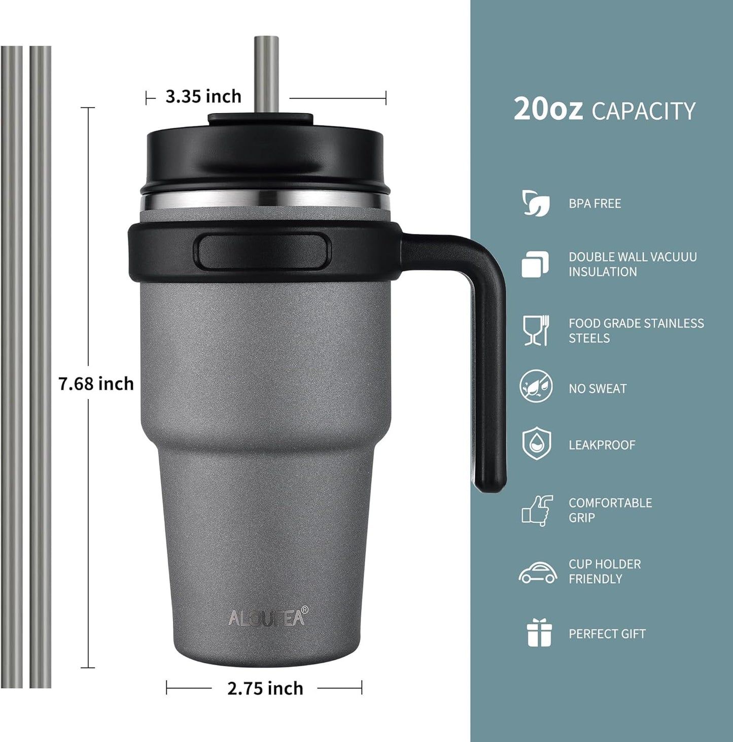 20 oz Insulated Coffee Mug Tumbler with Handle, Stainless Steel Travel Mug Tumbler with Lid and Straw,Double Wall Vacuum Leak Proof Ice Coffee Thermal Cup, Black