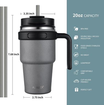 20 oz Insulated Coffee Mug Tumbler with Handle, Stainless Steel Travel Mug Tumbler with Lid and Straw,Double Wall Vacuum Leak Proof Ice Coffee Thermal Cup, Black
