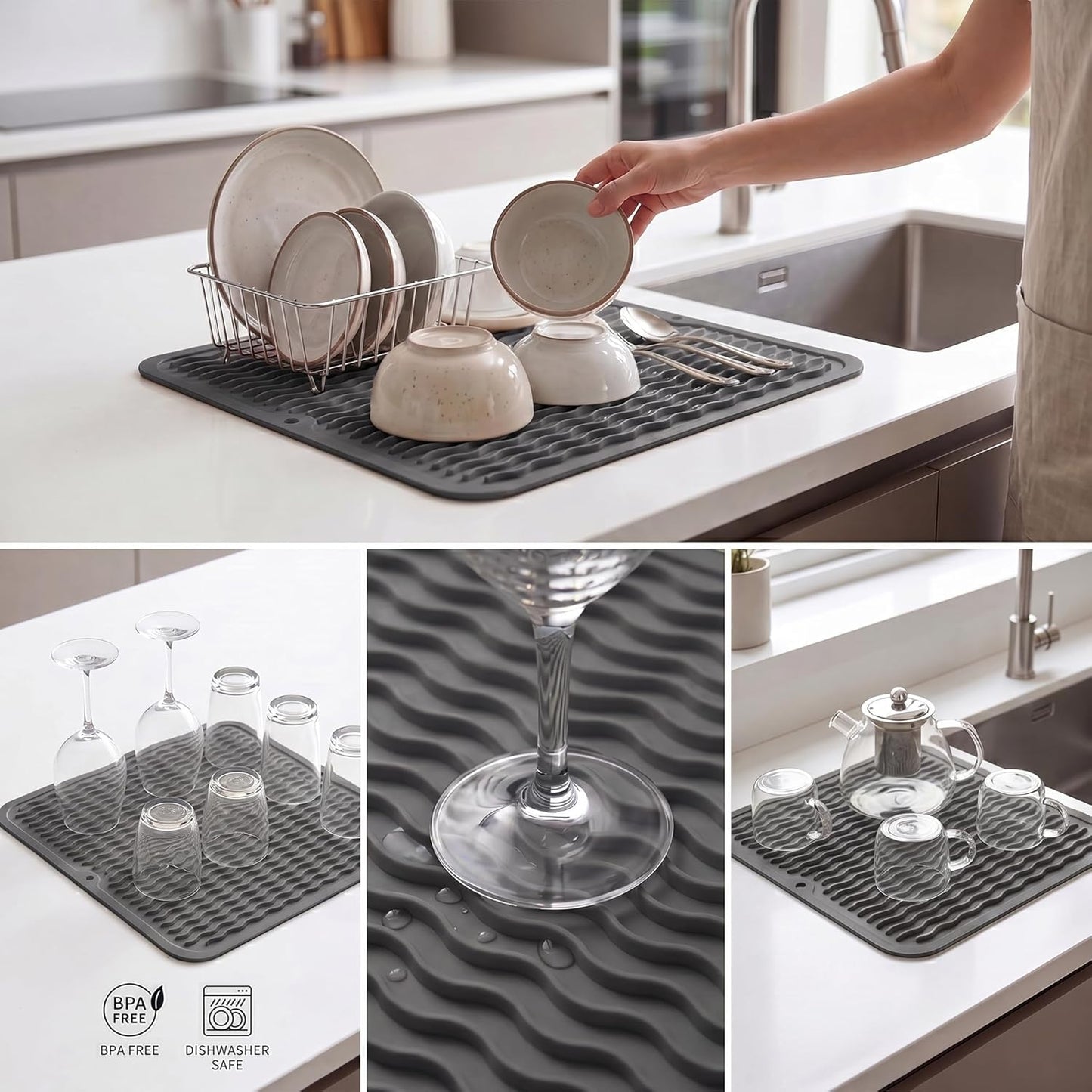 MicoYang Silicone Dish Drying Mat for Multiple Usage,Easy clean,Eco-friendly,Heat-resistant Silicone Mat for Kitchen Counter,Sink,Bar,Bottle,or Cup Green M 17 inches x 6 inches