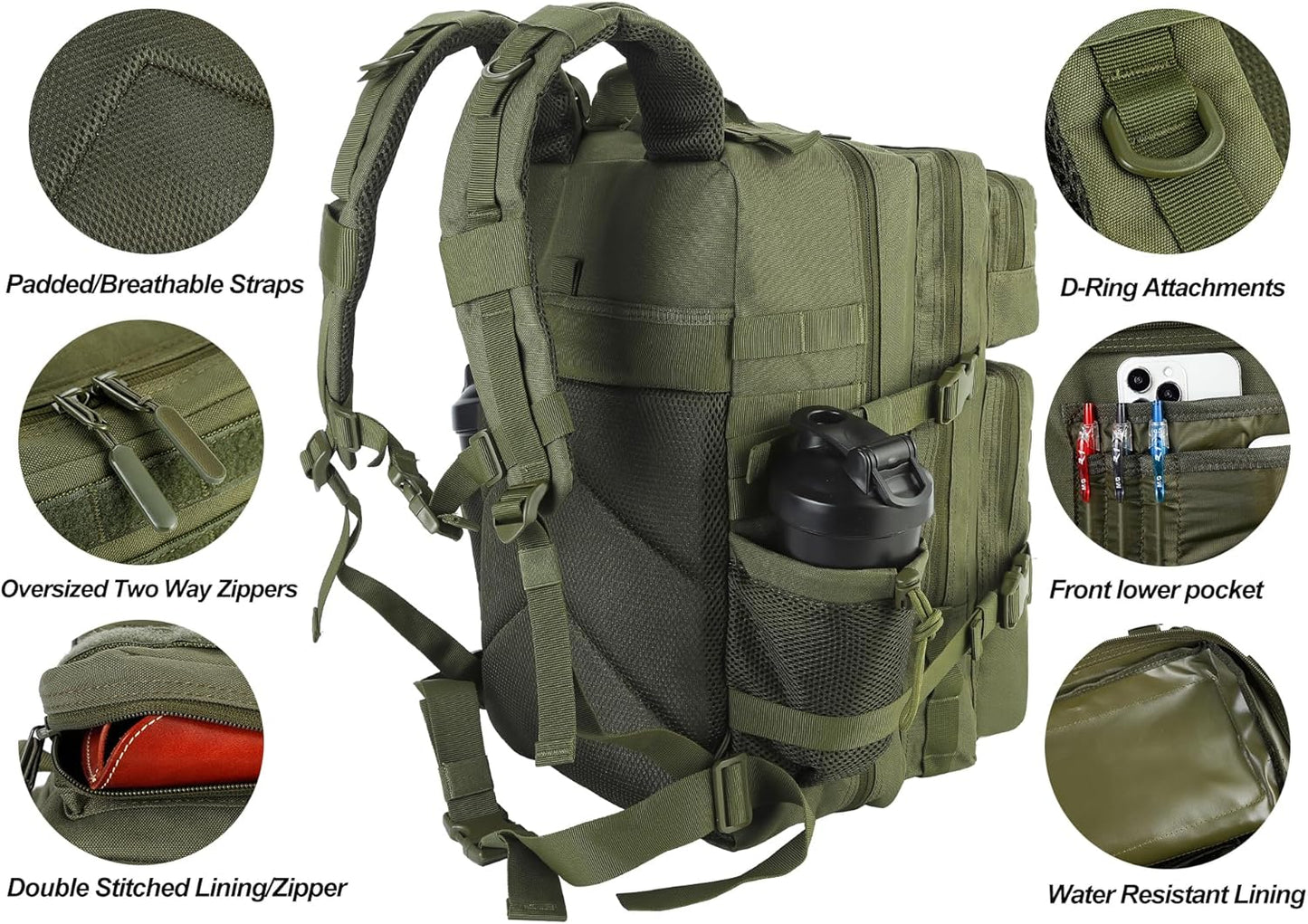 LHI Military Tactical Backpack for Men and Women 45L Army 3 Days Assault Pack Bag Large Rucksack with Molle System - Black - Colors A