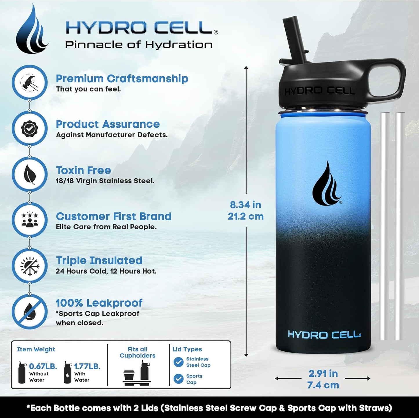 HYDRO CELL Stainless Steel Insulated Water Bottle with Straw - For Cold & Hot Drinks - Metal Vacuum Flask with Screw Cap and Modern Leakproof Sport Thermos for Adults (Neon 18oz)