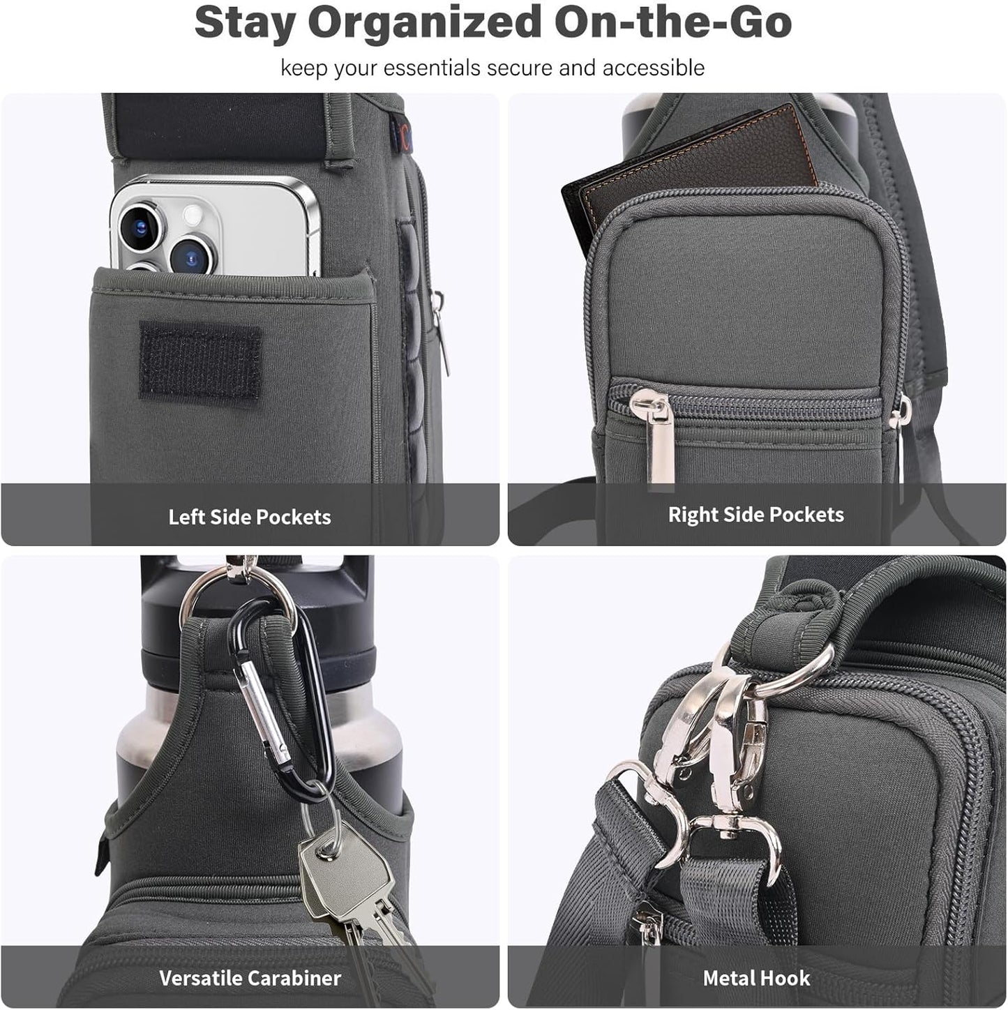 icolor Magnetic Gym Bag Water Bottle Carrier Holder with Phone Pockets & Shoulder Strap,Gym Magnetic Bag 5 Built-in Magnets Gym Accessories Organizer Sling Bottle Bag Pouch Sleeve