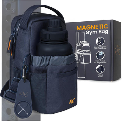 M2C® Premium Magnetic Gym Bag, Attaches to Gym Equipment, Holds 12 lbs, Gym Pouch with Water Bottle Pocket, Phone Storage, Key Clip, Adjustable Sling Strap, Ideal for Sports, Work and Travel