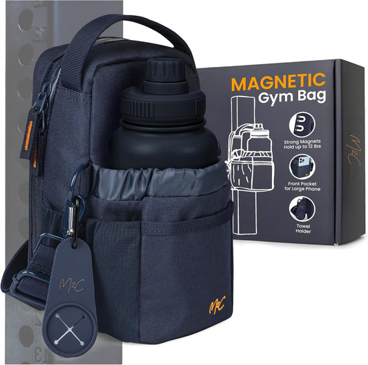 M2C® Premium Magnetic Gym Bag, Attaches to Gym Equipment, Holds 12 lbs, Gym Pouch with Water Bottle Pocket, Phone Storage, Key Clip, Adjustable Sling Strap, Ideal for Sports, Work and Travel