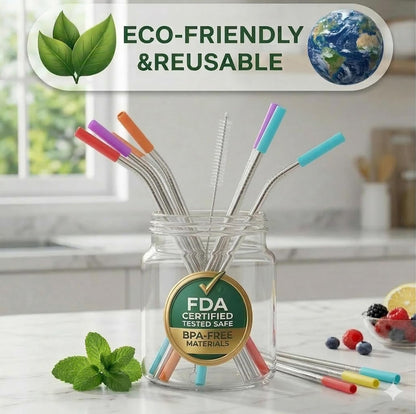 StrawExpert Set of 16 Reusable Stainless Steel Straws with Travel Case Cleaning Brush Silicone Tips Eco Friendly Extra Long Metal Straws Drinking for 20 24 30 oz Tumbler, Silver