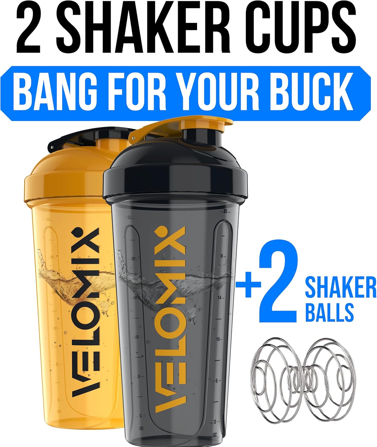VELOMIX -2 Pack- 28 oz Protein Shaker Bottles for Protein Mixes - 2x Wire Whisk | Leak Proof Shaker Cups for Protein Shakes | Protein Shaker Bottle Pack (Black/Transparent)