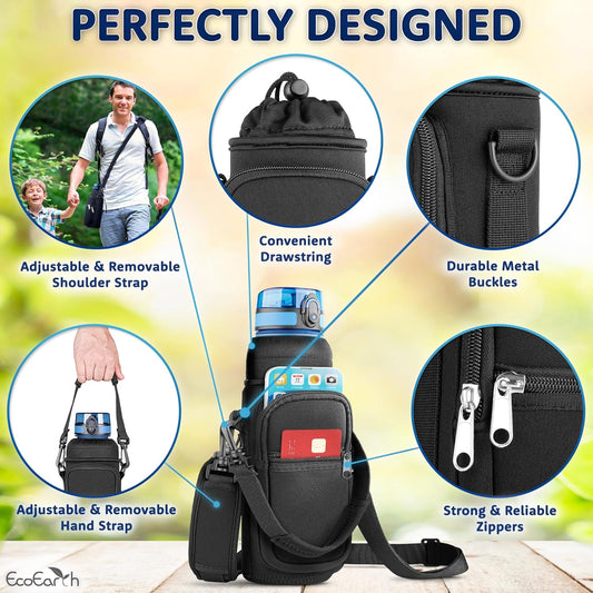 EcoEarth - Water Bottle Holder with Strap - Water Bottle Carrier Bag for Hiking - Crossbody Hydration Pouch with Phone Holder