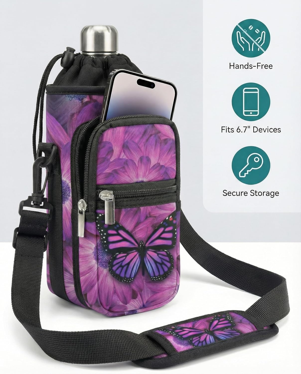 AUPET Water Bottle Sling Bag Sleeve Holder Carrier 25/32/40/64 oz,Insulated Crossbody Water Bottle Case Cover with Strap and Pockets for Men/Women Walking Hiking