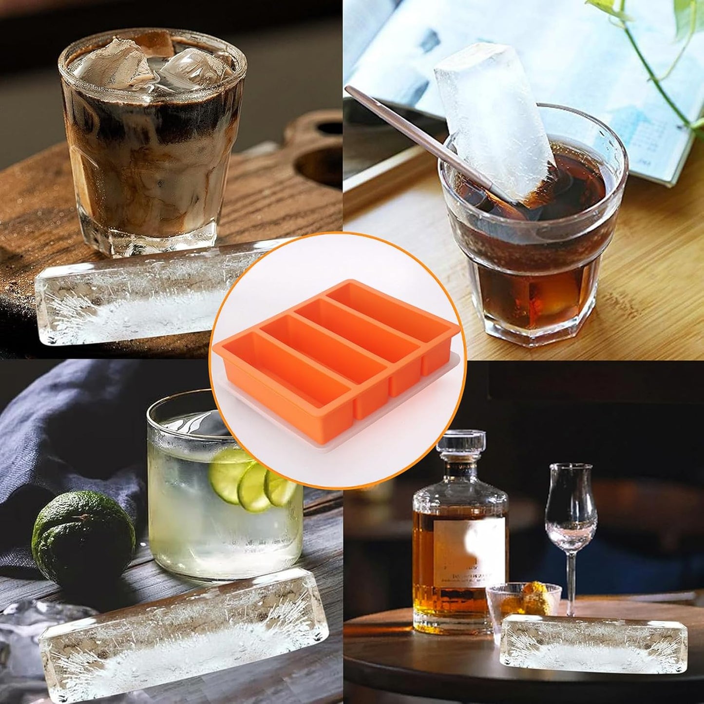 Large and Long Ice Cube Tray 2 Pack Silicone Freezing Container Sticks with Lid for Whiskey, Water Bottle, Food Leftovers and Baking (2pack Orange)
