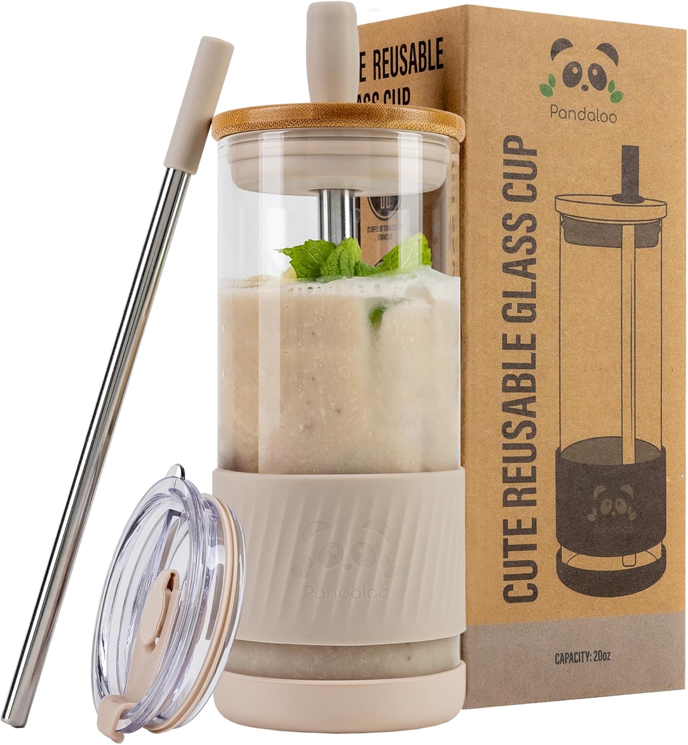 Pandaloo® Glass Cups With Lids and Straws -20 Fl Oz- Perfect Size Iced Coffee Cup - Smoothie Cup With Bamboo Lid and On the go Lid - Glass Tumbler With Straw (1 Count (Pack of 1), Lilac Rhapsody)