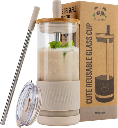 Pandaloo® Glass Cups With Lids and Straws -20 Fl Oz- Perfect Size Iced Coffee Cup - Smoothie Cup With Bamboo Lid and On the go Lid - Glass Tumbler With Straw (1 Count (Pack of 1), Lilac Rhapsody)