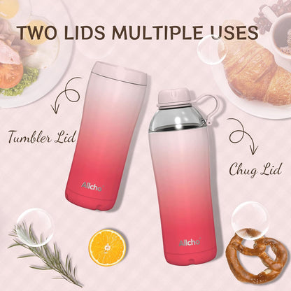 Allcho Insulated Water Bottle for Women, 18oz Stainless Steel Leak Proof Tumbler with 2 Lids, BPA-Free Tritan Chug & Straw Lid, Double Wall Vacuum Flask