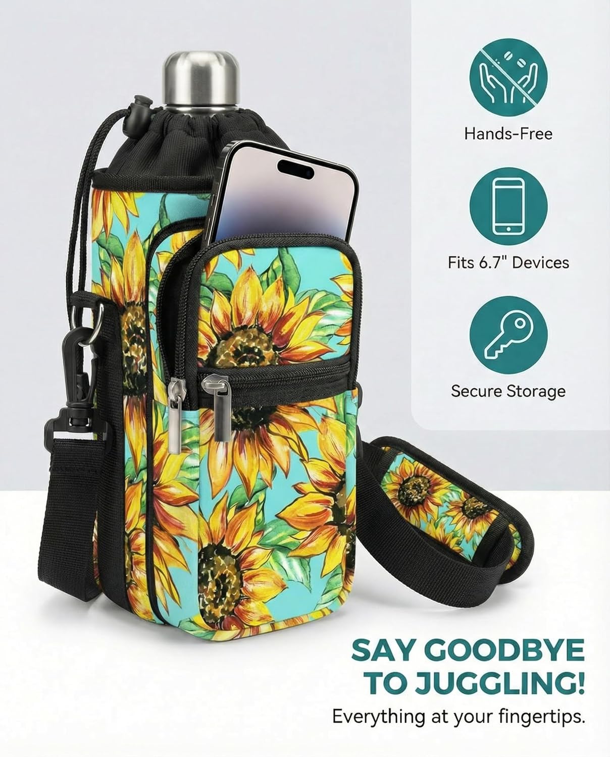 AUPET Water Bottle Sling Bag Sleeve Holder Carrier 25/32/40/64 oz,Insulated Crossbody Water Bottle Case Cover with Strap and Pockets for Men/Women Walking Hiking