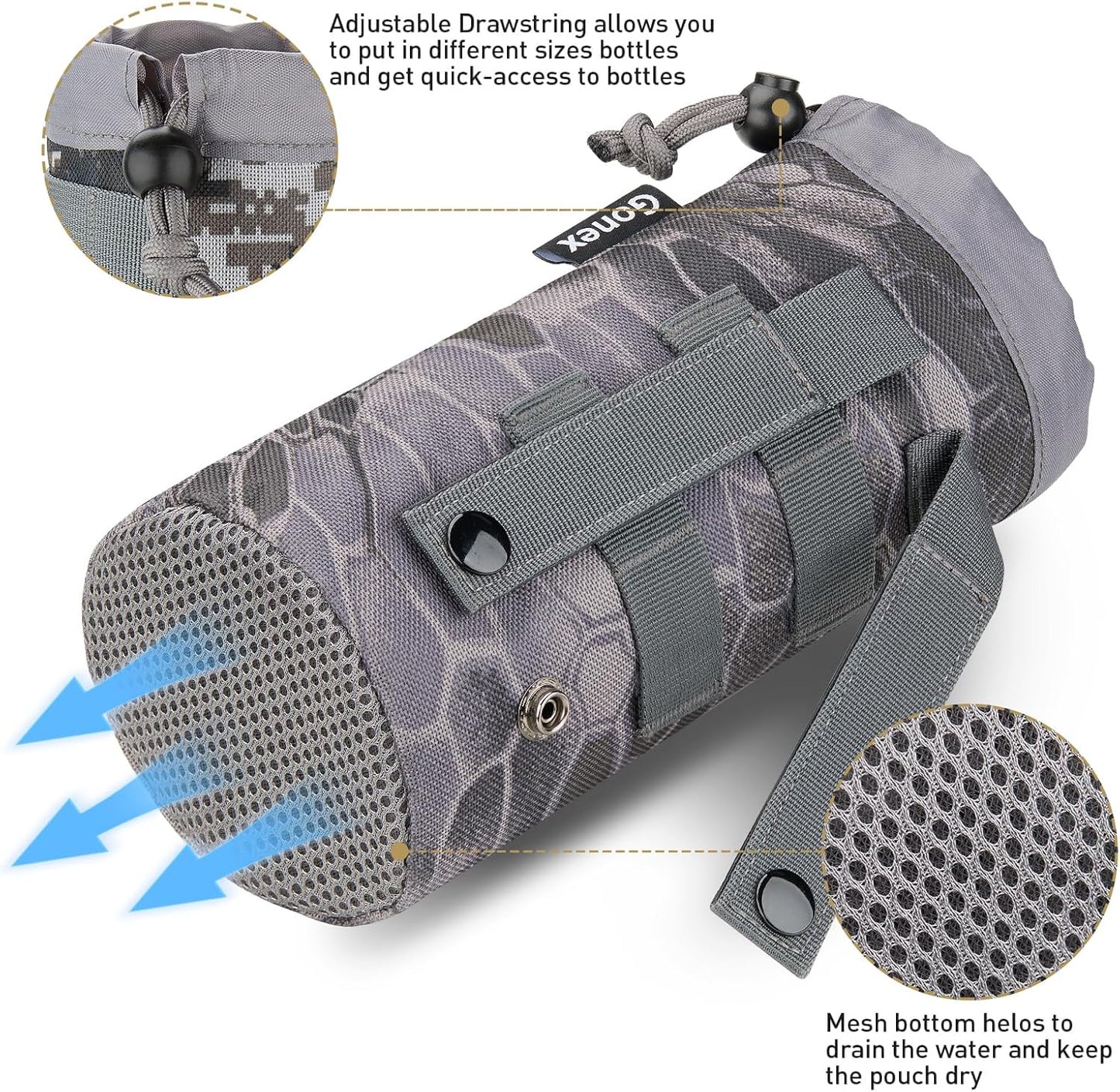 Gonex Tactical MOLLE Water Bottle Pouch, Drawstring Open Top & Mesh Bottom Travel Water Bottle Bag Hydration Carrier