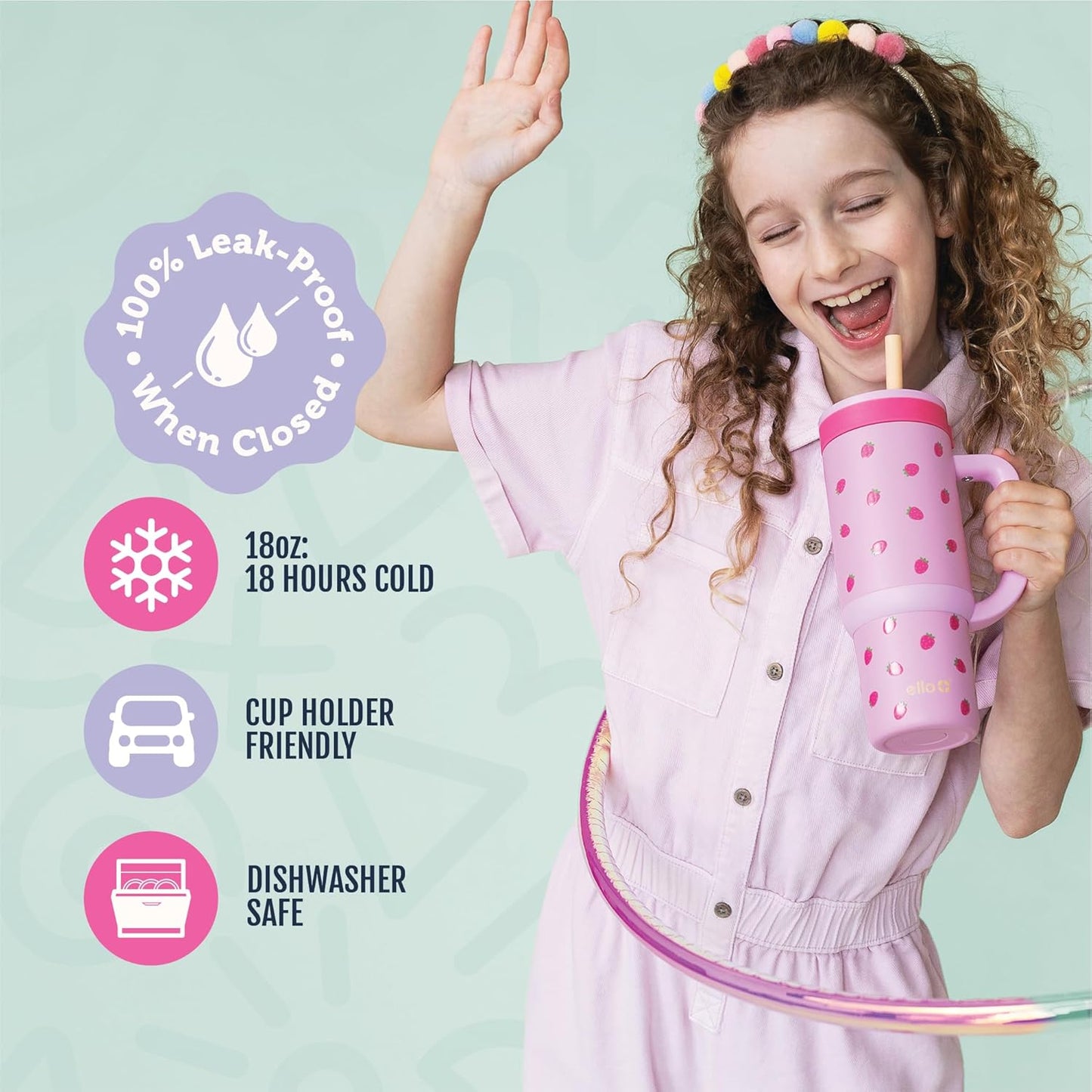 Ello Oasis 18oz Kids Tumbler with Handle & Retracting Straw, 100% Leakproof Reusable Insulated Stainless Steel Cup, Gifts for Teens Girls Boys, Keeps cold for 18 Hours, Cup Holder Friendly, Glacier