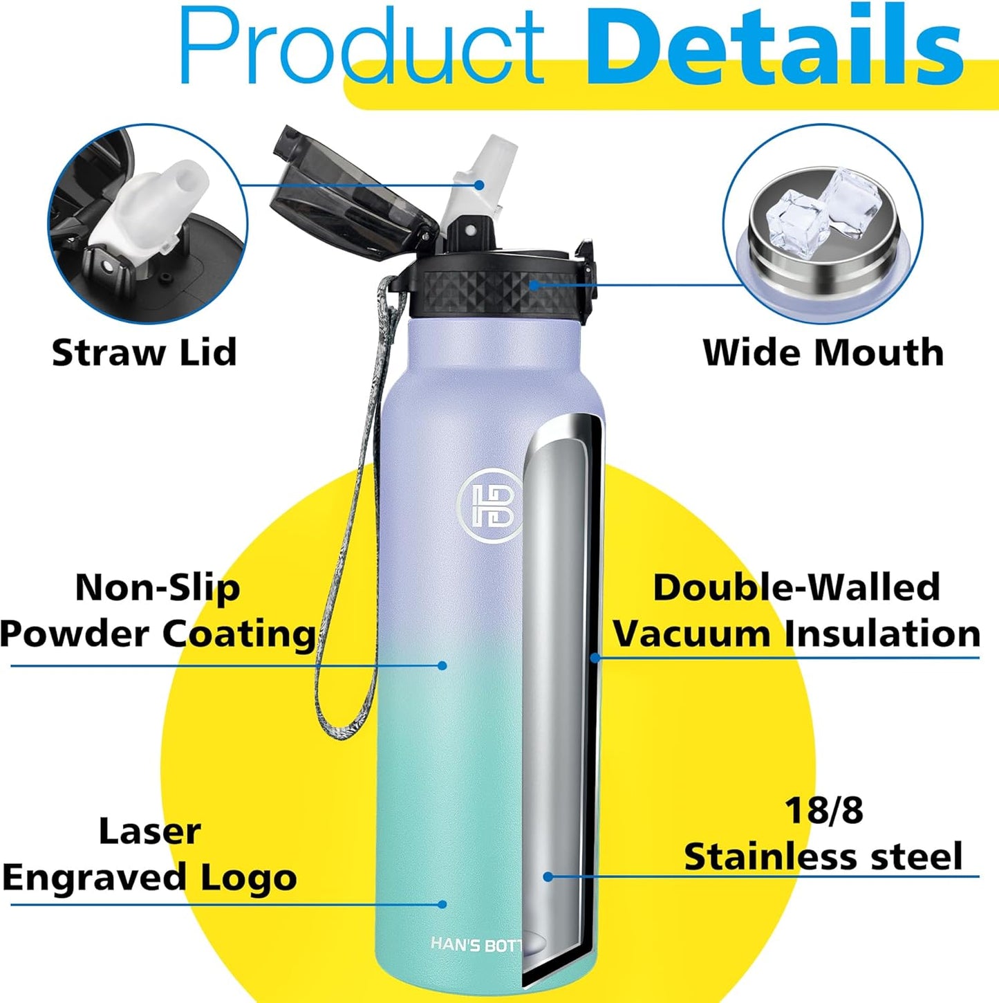 Han's Bottle Sports Water Bottle - 24 Oz, Straw Lid, Leak Proof, Vacuum Insulated Stainless Steel, Double Walled, Thermo Mug,Black