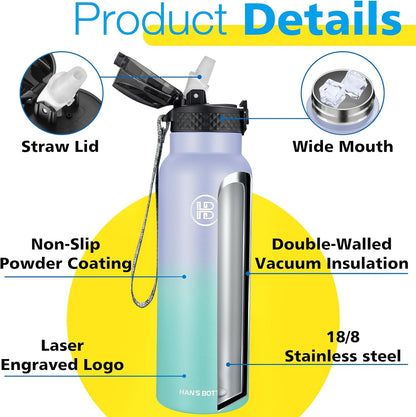 Han's Bottle Sports Water Bottle - 24 Oz, Straw Lid, Leak Proof, Vacuum Insulated Stainless Steel, Double Walled, Thermo Mug,Black