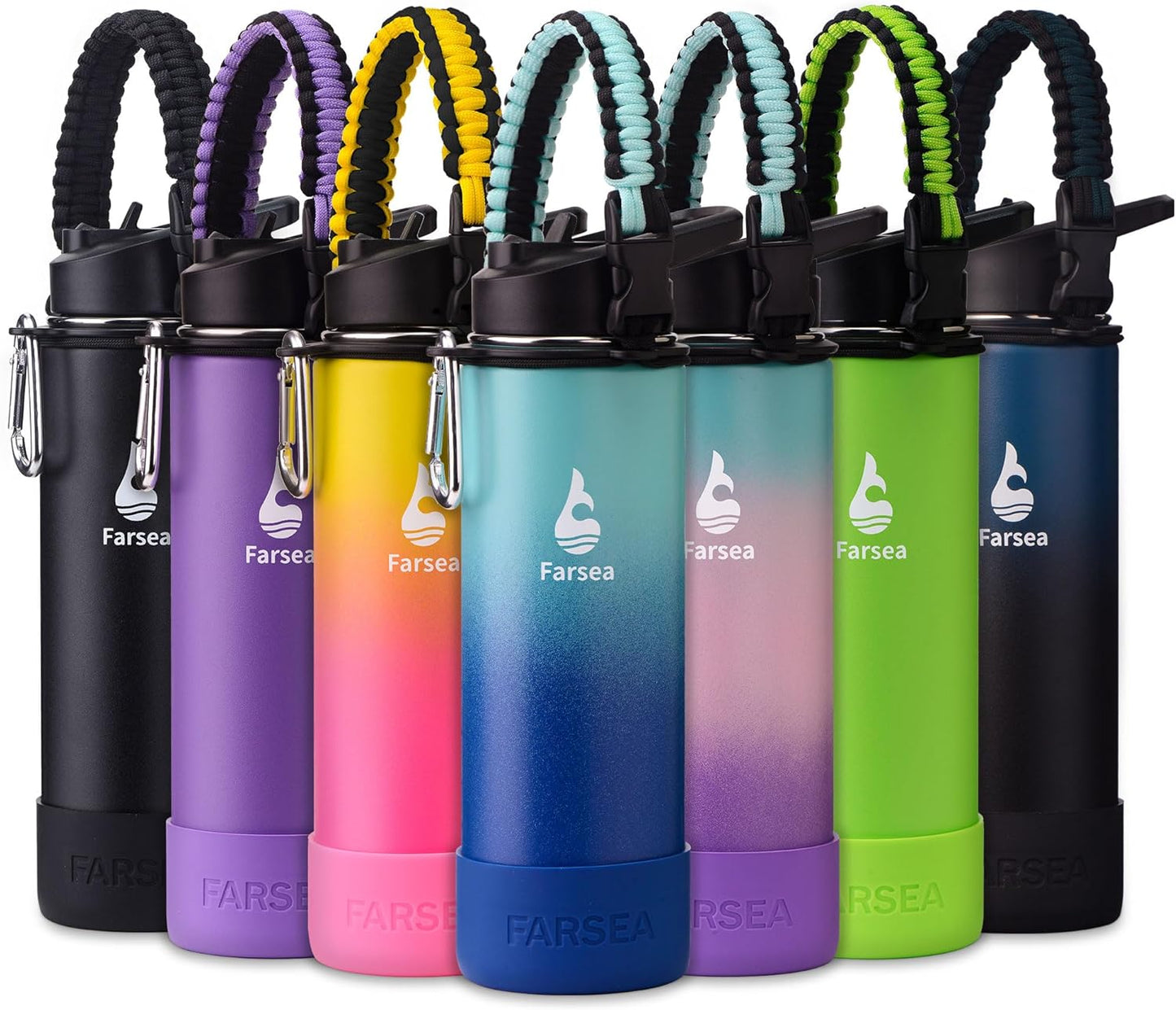 Farsea Insulated Water Bottle With Paracord Handle, Protective Silicone Boot and 2 Lids (Straw Lid & Spout Lid), Stainless Steel Water Bottle Wide Mouth, Double Wall Sweat-Proof BPA-Free, 24 oz