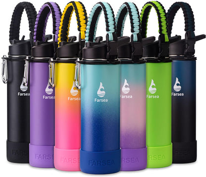 Farsea Insulated Water Bottle With Paracord Handle, Protective Silicone Boot and 2 Lids (Straw Lid & Spout Lid), Stainless Steel Water Bottle Wide Mouth, Double Wall Sweat-Proof BPA-Free, 24 oz