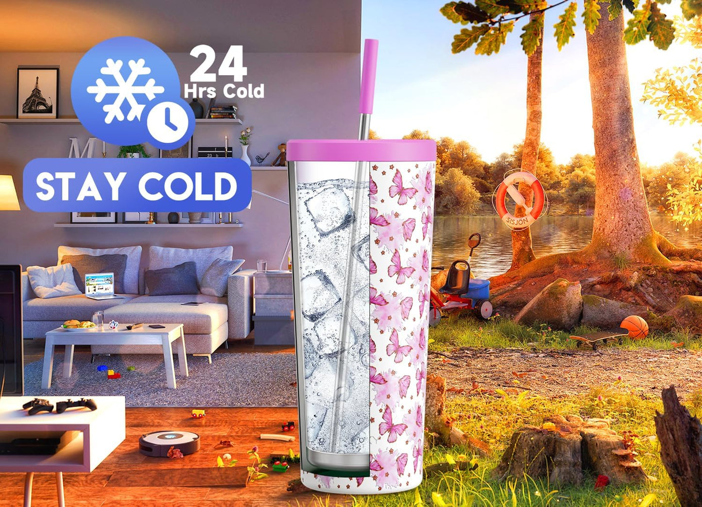 Meoky 24 oz Insulated Tumbler with Lid and Straw, Stainless Steel Vacuum Insulated Tumbler, Keeps Cold for 24 Hours, 100% Leak Proof, Fits in Car Cup Holder (Night)