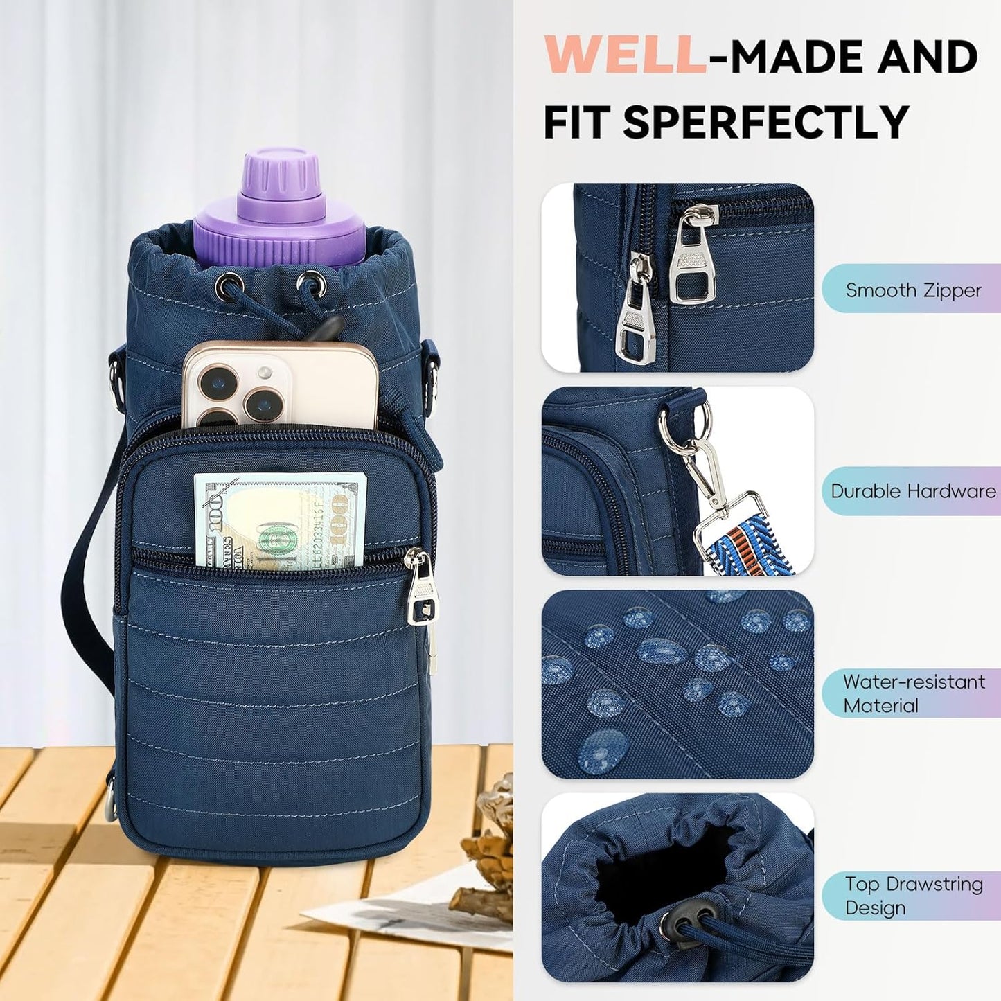 Water Bottle Carrier Bag with Strap, Sling Bag for Walking, Hiking, Cycling, Black, 40 Ounces