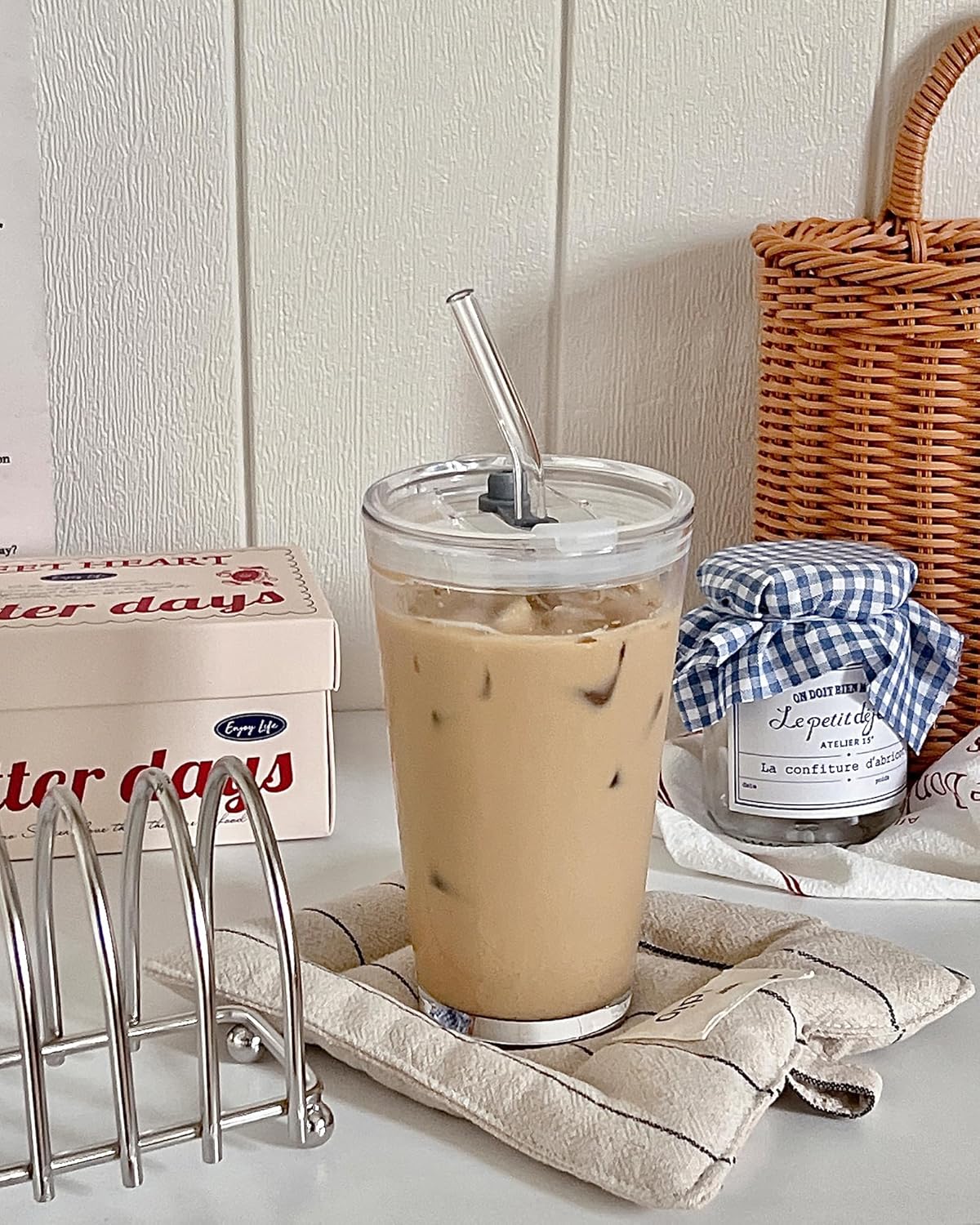 Olvini 15oz Glass Tumbler with Straw and Lid, Cute Iced Coffee Cups, Aesthetic Glass Cups, Coffee Tumbler, Water Cup, Matcha Cup, Drinking Glasses (Clear)