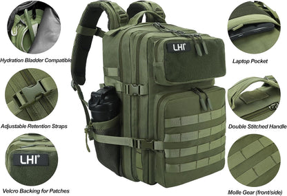 LHI Military Tactical Backpack for Men and Women 45L Army 3 Days Assault Pack Bag Large Rucksack with Molle System - Black - Colors A