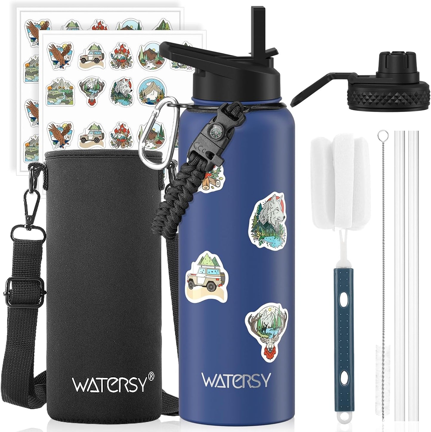 40oz Insulated Water Bottle (Cold for 48 Hrs),BPA Free&Leak Proof,Stainless Steel Water Flask,Water Jug with Straw Spout Lids for Gym,Hiking,Travel,Black Blue