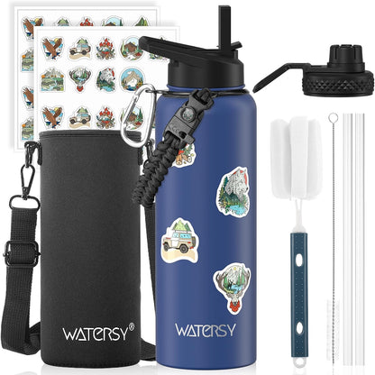 40oz Insulated Water Bottle (Cold for 48 Hrs),BPA Free&Leak Proof,Stainless Steel Water Flask,Water Jug with Straw Spout Lids for Gym,Hiking,Travel,Black Blue