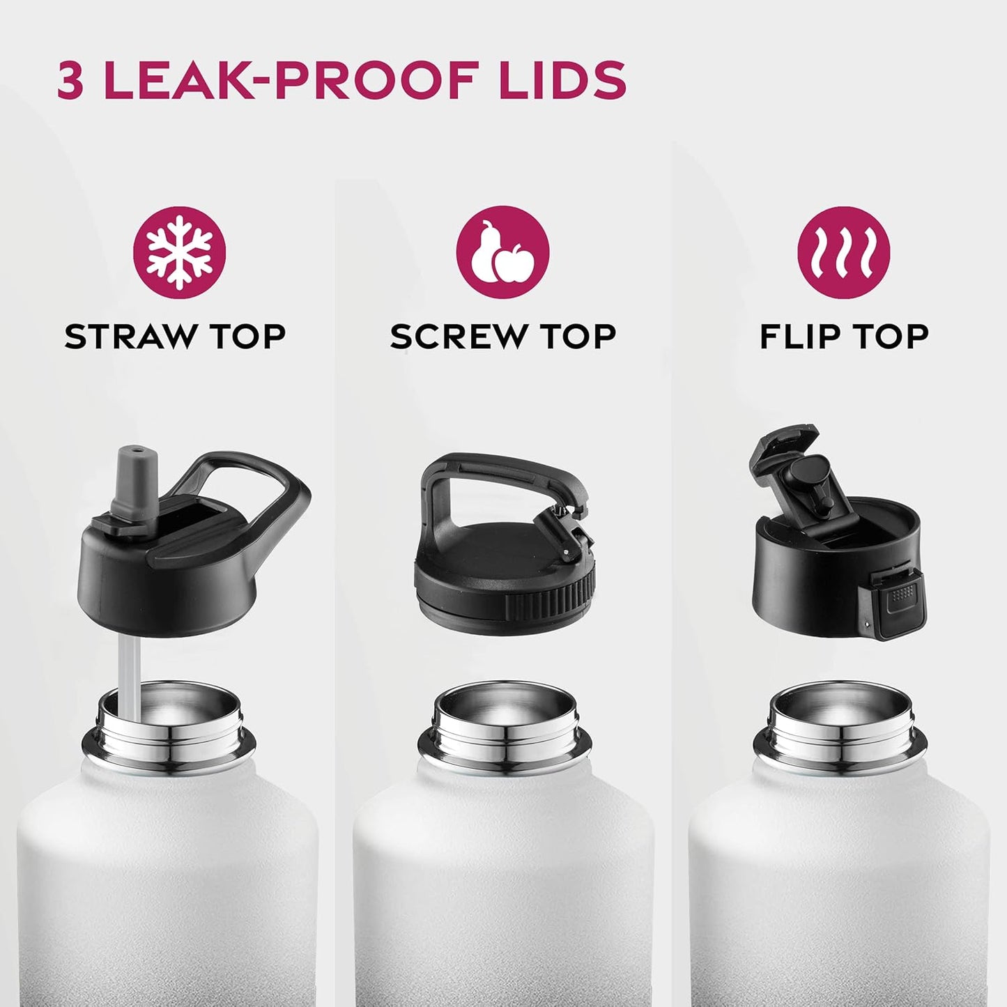 FineDine Water Bottle - Stainless Steel Insulated Water Bottle with Straw Lid, Flip Lid & Wide-Mouth Cap - Keeps Hot and Cold - 25 Oz / 739ml - Dreamy Purple