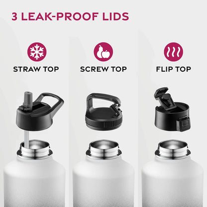 FineDine Water Bottle - Stainless Steel Insulated Water Bottle with Straw Lid, Flip Lid & Wide-Mouth Cap - Keeps Hot and Cold - 25 Oz / 739ml - Dreamy Purple