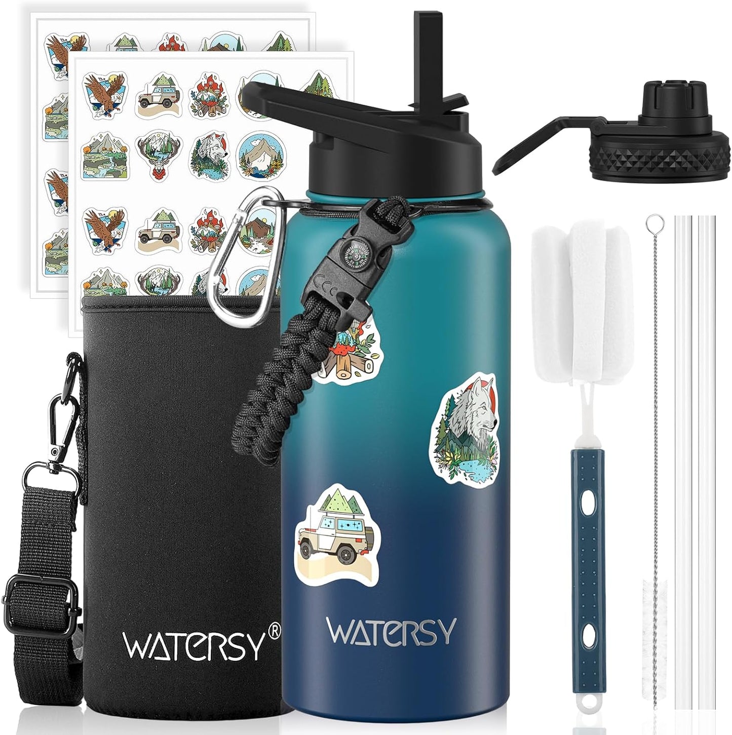40oz Insulated Water Bottle (Cold for 48 Hrs),BPA Free&Leak Proof,Stainless Steel Water Flask,Water Jug with Straw Spout Lids for Gym,Hiking,Travel,Black Blue