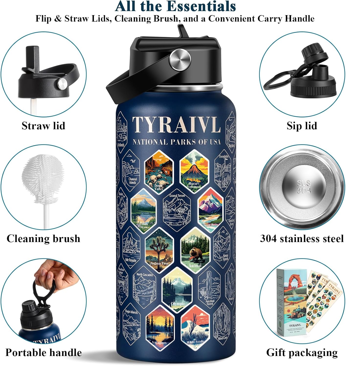 National Parks Water Bottle with Stickers, Birthday Gifts for Men and Women, 32oz Wide Mouth Leakproof Stainless Steel Bucket List Insulated Bottle for Camping & Hiking