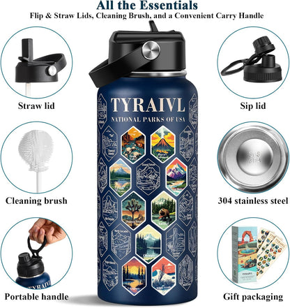 National Parks Water Bottle with Stickers, Birthday Gifts for Men and Women, 32oz Wide Mouth Leakproof Stainless Steel Bucket List Insulated Bottle for Camping & Hiking