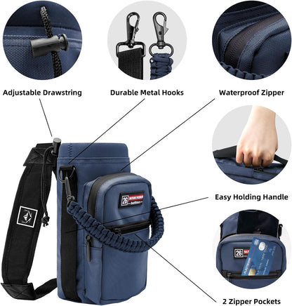 NATURE PIONEOR Water Bottle Holder with Adjustable Strap - 26/32/36/40/46/64oz Insulated Water Bottle Sling Carrier with Paracord Handle & 2 Pockets, Outdoor Sports, Hiking, Camping, Gym