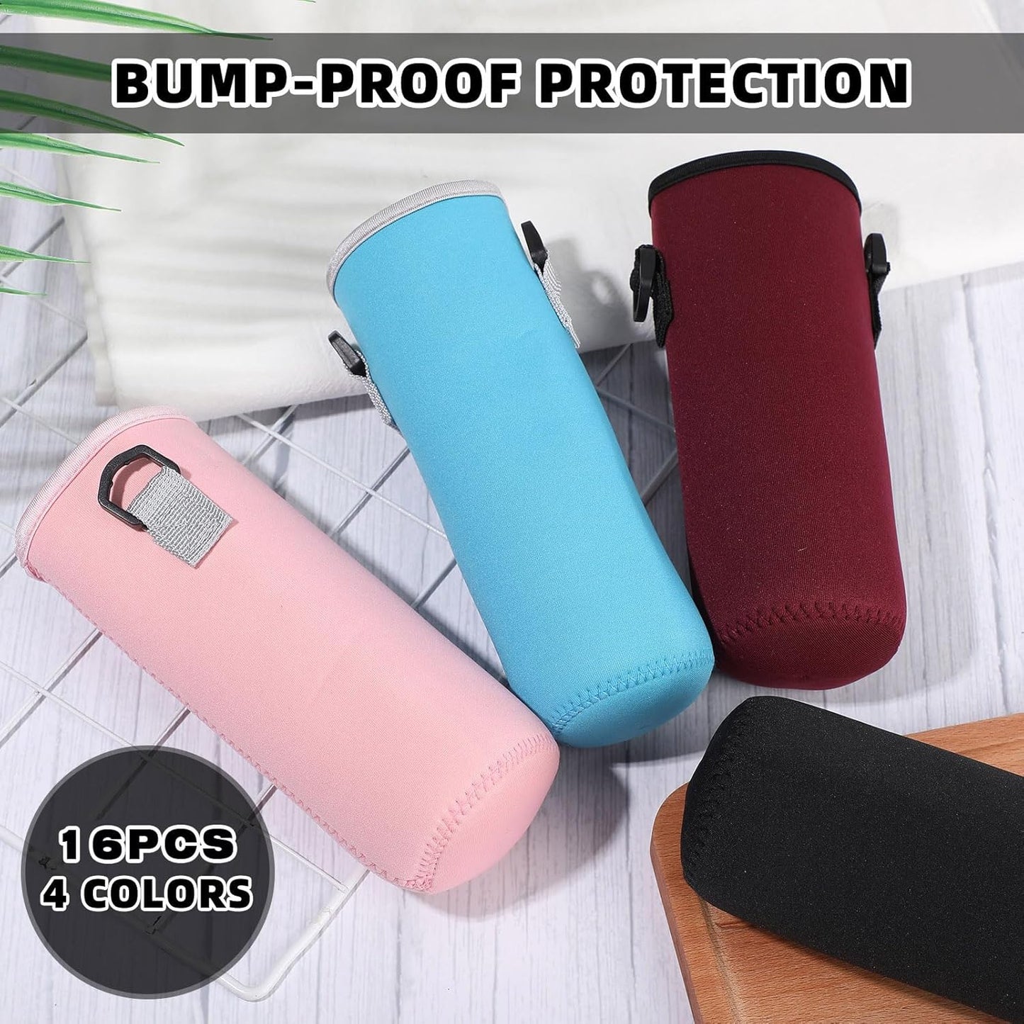 Zhehao 16 Pcs Neoprene Water Bottle Sleeve with Shoulder Strap Water Bottle Holder 32 oz Water Bottle Carrier Insulated Water Bottle Pouch Adjustable Water Bottle Sling Bag for Boys Girls