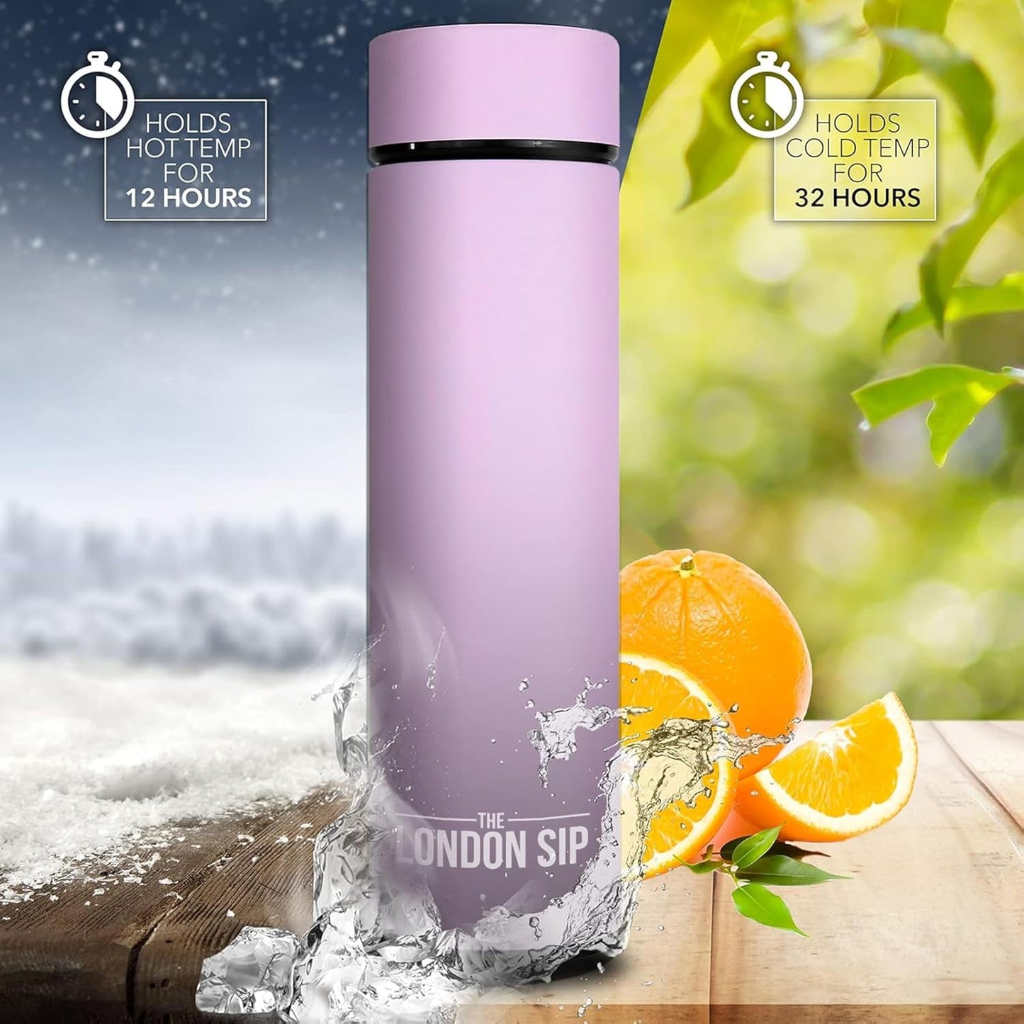 The London Sip Multi-Purpose Travel Mug and Tumbler Fruit Infused Flask Hot and Cold Double Wall Stainless Steel Thermos with Extra-Long Infuser, Purple