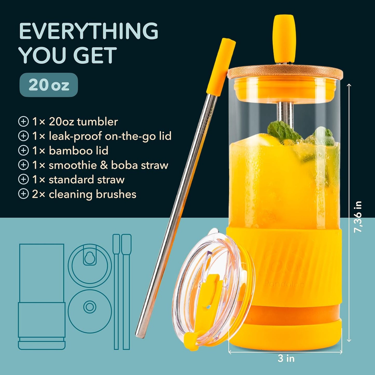 Pandaloo® Glass Cups With Lids and Straws -20 Fl Oz- Perfect Size Iced Coffee Cup - Smoothie Cup With Bamboo Lid and On the go Lid - Glass Tumbler With Straw (1 Count (Pack of 1), Lilac Rhapsody)