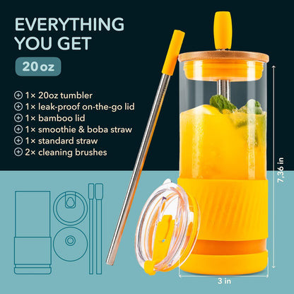 Pandaloo® Glass Cups With Lids and Straws -20 Fl Oz- Perfect Size Iced Coffee Cup - Smoothie Cup With Bamboo Lid and On the go Lid - Glass Tumbler With Straw (1 Count (Pack of 1), Lilac Rhapsody)
