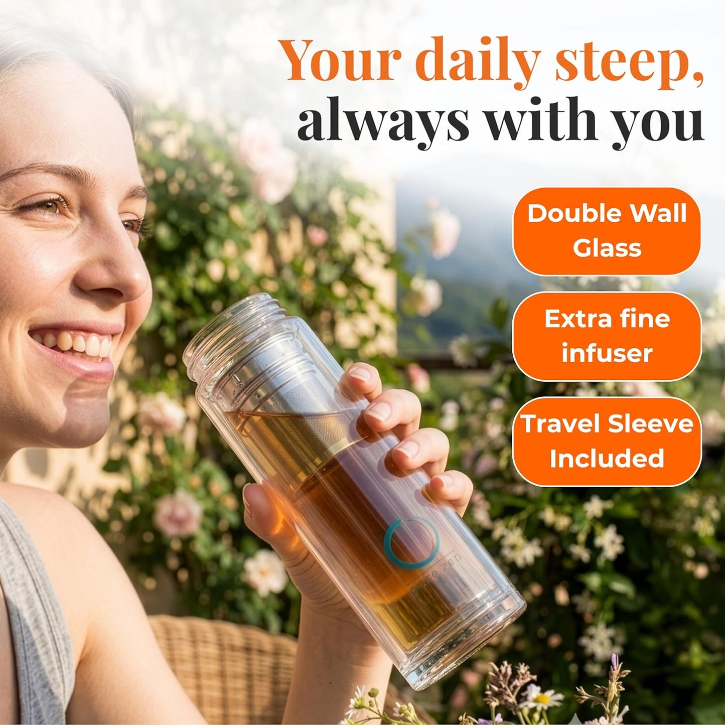 Leakproof Tea Infuser Bottle with Stainless Steel Filter - Insulated Double Wall Tea Tumbler with Infuser for Loose Leaf, Herbal Infusions and Fruit Infused Water - Travel Mug with Bamboo Lid - 15 oz