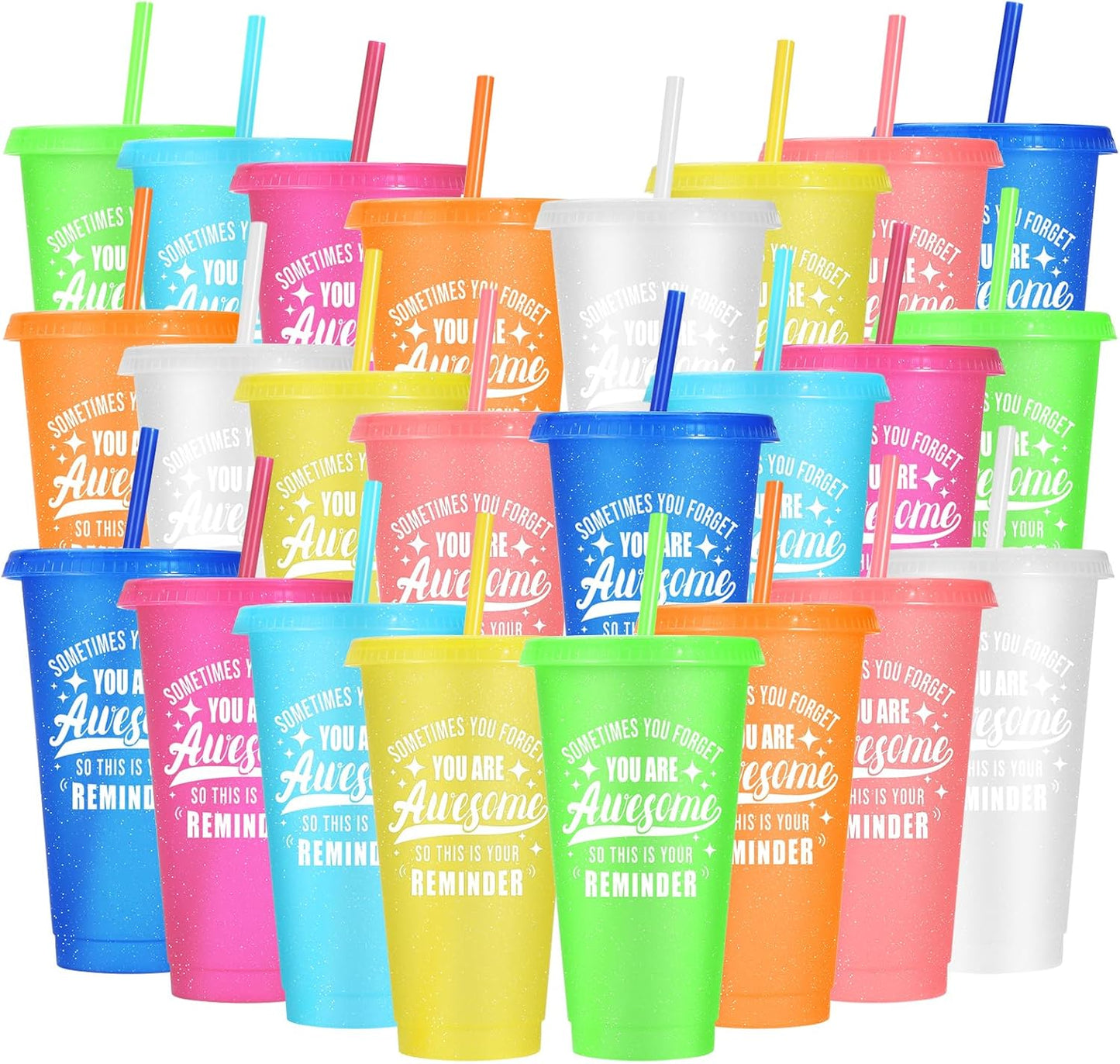 24 Pack Plastic Tumblers with Lids and Straw, Reusable Cups with Lids and Straws Colorful Cups for Cold Drink Iced Coffee, Plastic Tumbler Bulk for Party Birthday Gifts (24 oz, Stylish Colors)
