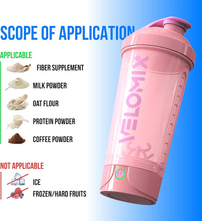 VELOMIX Electric Protein Shaker Bottle - 24 oz | USB-C Rechargeable | Leak Proof Shaker Cups for Protein Shakes | Portable Blender for Shakes and Smoothies (Electric-Transparent)