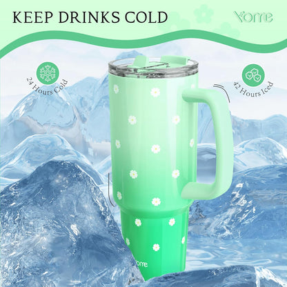 YOME 40oz Nurse Tumbler with Handle and Flip Straw | Stainless Steel Insulated Water Bottle | Keeps Drinks Cold | Dishwasher Safe | Cupholder Friendly | Gift Gym Travel Yoga