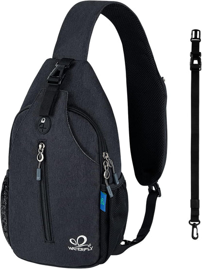 WATERFLY Crossbody Sling Backpack Sling Bag Travel Hiking Chest Bag Daypack (Black)